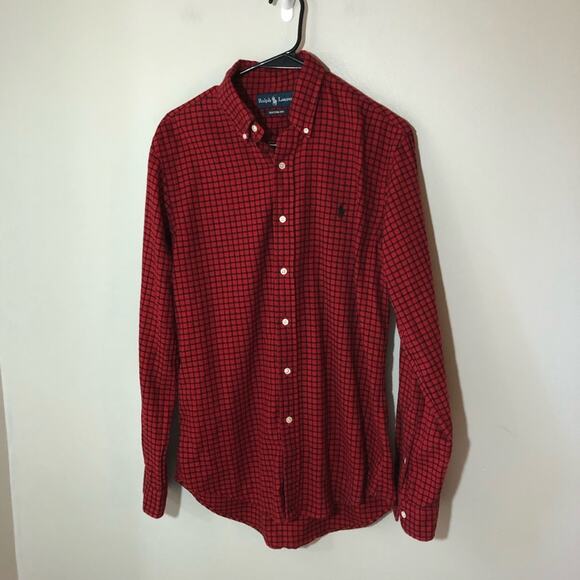 Ralph Lauren custom fit red black plaid cotton flannel mens S black pony classic - Picture 1 of 10